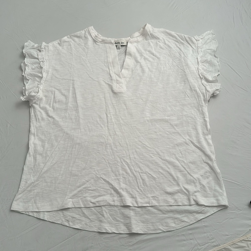 Another Love White Flutter Sleeve Split Neck T-Sh… - image 5